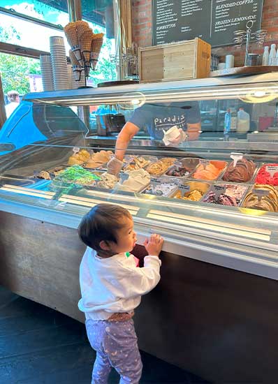 So much gelato to choose from! Got two scoops and asked for an extra cup since it was cheaper than getting two separate one scoop. Whitney went with the Mint Chocolate Chip and I got the Blueberry Yogurt.