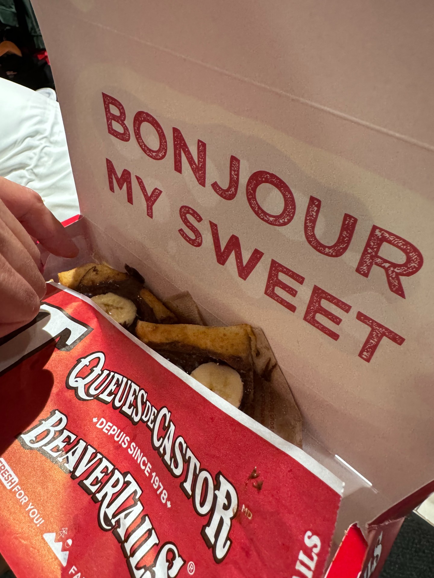 A peek at the very addicting Bananarama from Beavertails in Whistler Village. These Canadian pastries are served hot, crispy and doughy all at the same time.