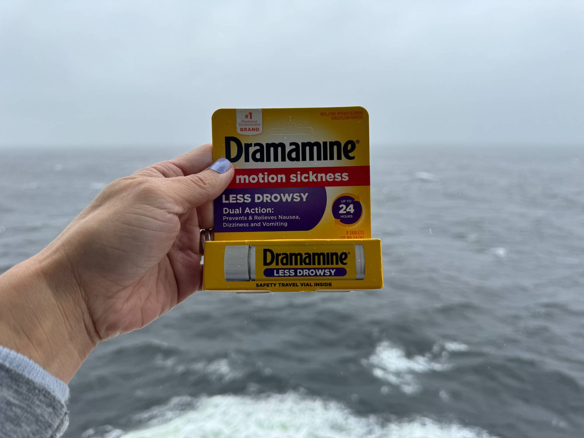 I came on the cruise prepared with remedies knowing me and my older daughter get motion sickness. Less drowsy Dramamine for me and Dramamine Kids for her. I also tried the Sea Band Nausea Relief Acupressure Bands since the start of the trip but I don't think they really helped me. Motioneaze topical oil (kid-friendly), I tried on the plane ride to Vancouver and on the cruise and both times they didn't really help. Sadly, none of these helped me feel better-3