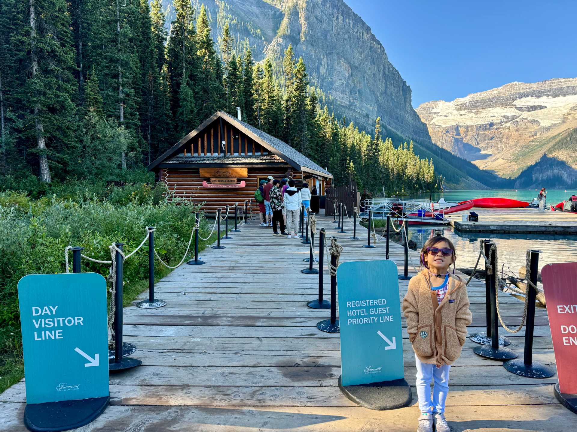 We arrived late morning to check into our hotel, but since our room wasn’t ready yet, we decided to start exploring by canoeing on Lake Louise. There was a short wait, and with no one in the hotel guest line, we were on the water within 5-10 minutes after paying, putting on our life jackets, and boarding the canoe.