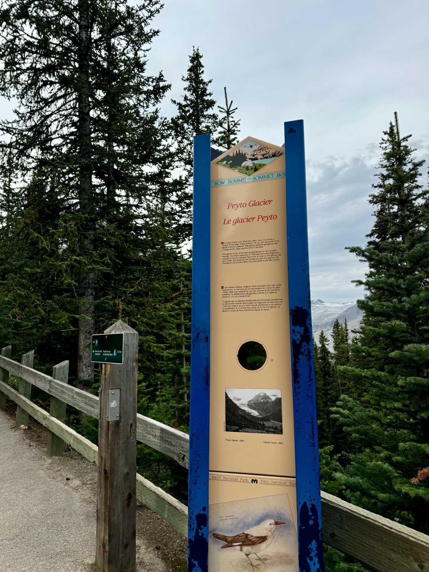 The sign to the left of the viewing platform that directs you towards the Bow Summit Trail and the secret second viewpoint.