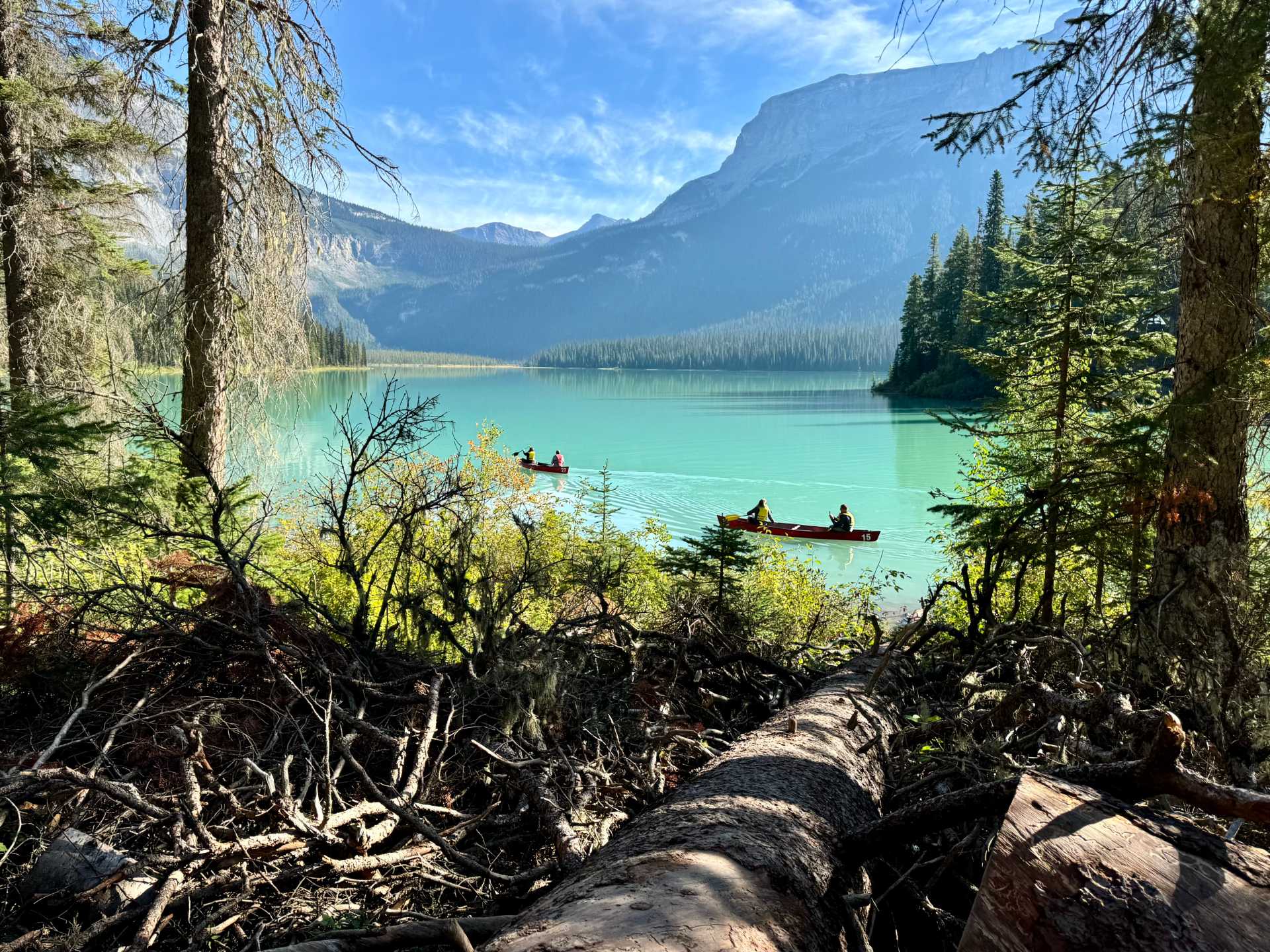 Canoeing on Emerald Lake offers unbeatable views from the water. Rentals begin at 10 a.m., but plan to arrive early to avoid long lines and enjoy the calm, mirror-like water before it gets busy.