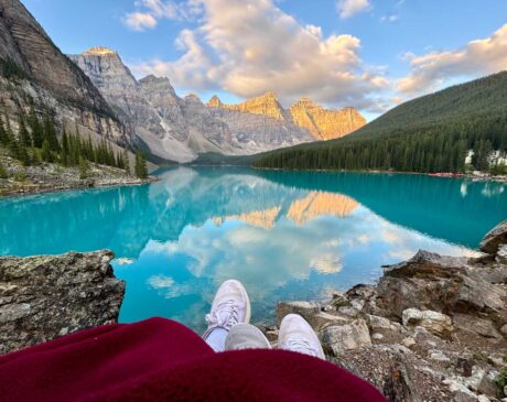 A morning we’ll never forget – the beauty of Moraine Lake bathed in golden light. Bonus tip: If you're up for a short walk after the sunrise, take the Lakeshore Trail for quieter views and more incredible photo opportunities.