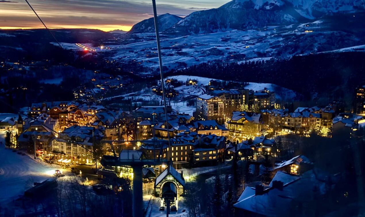 Aerial evening view of the Mountain Village in Telluride, CO, from the Gondola