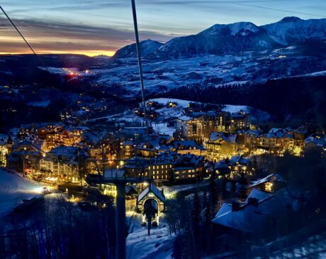 Aerial evening view of the Mountain Village in Telluride, CO, from the Gondola