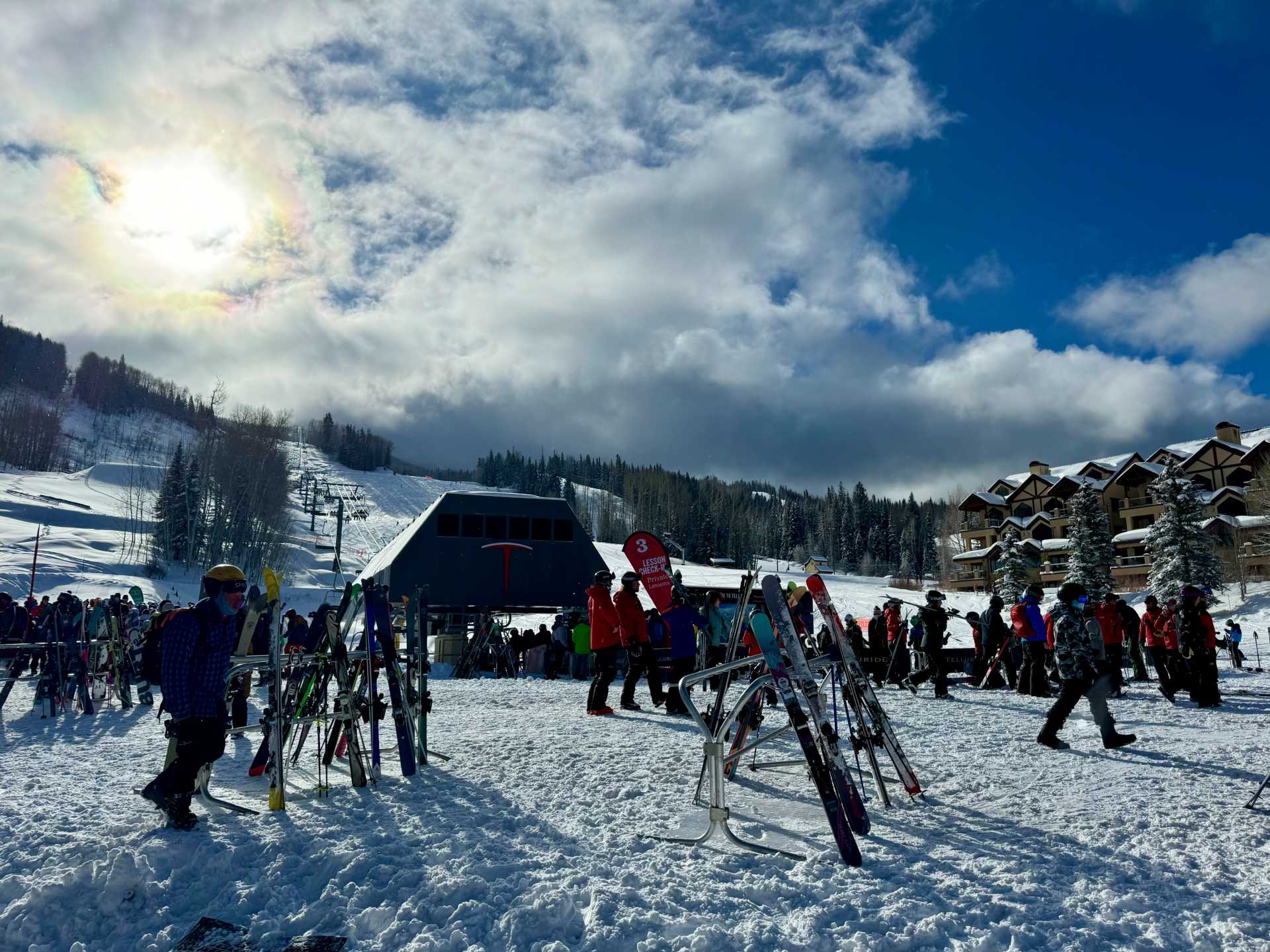 Sunshine Express (Lift 4) and the Private Lesson Check-In are right next to each other, conveniently located steps from Mountain Village