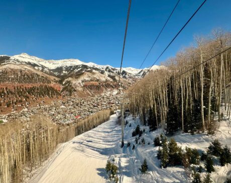 View of Downtown Telluride from the Gondola. Downtown Telluride is roughly 1,000 ft lower than being in the Mountain Village