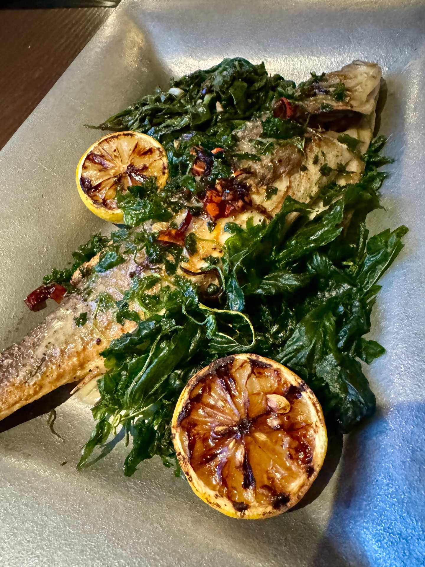 The Kale Caesar and Whole Roasted Branzino were our favorites from The Grand, we would come back just for the same dishes. I tried the Zero Proof Pineapple Ginger Sparkler but added some Tito’s to it and it was perfect-2